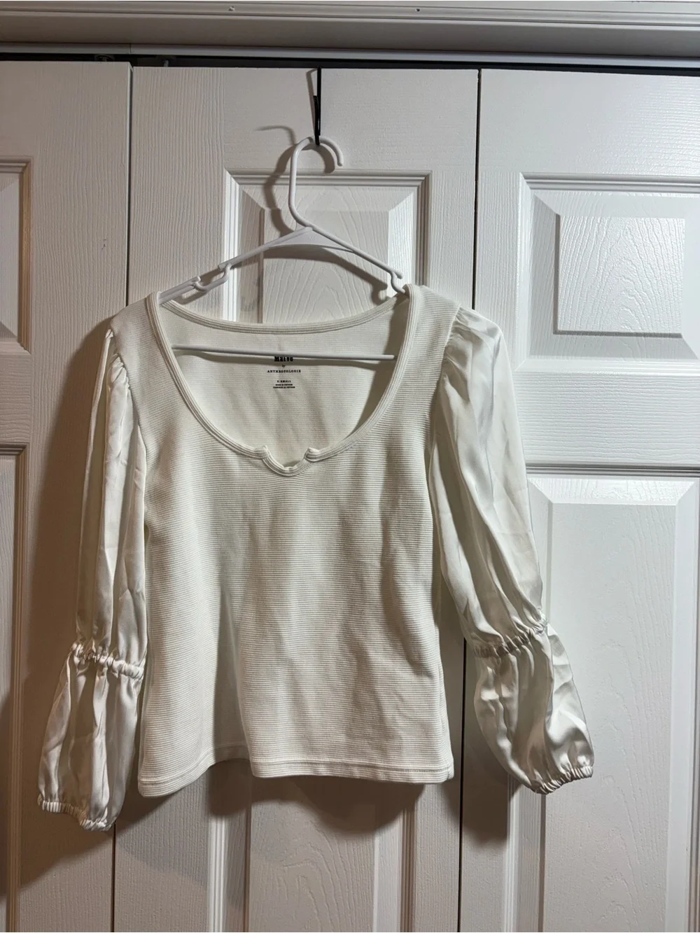 White Mixed Media Knit Top Satin Puff Sleeves Coquette minimalist Parisian chic